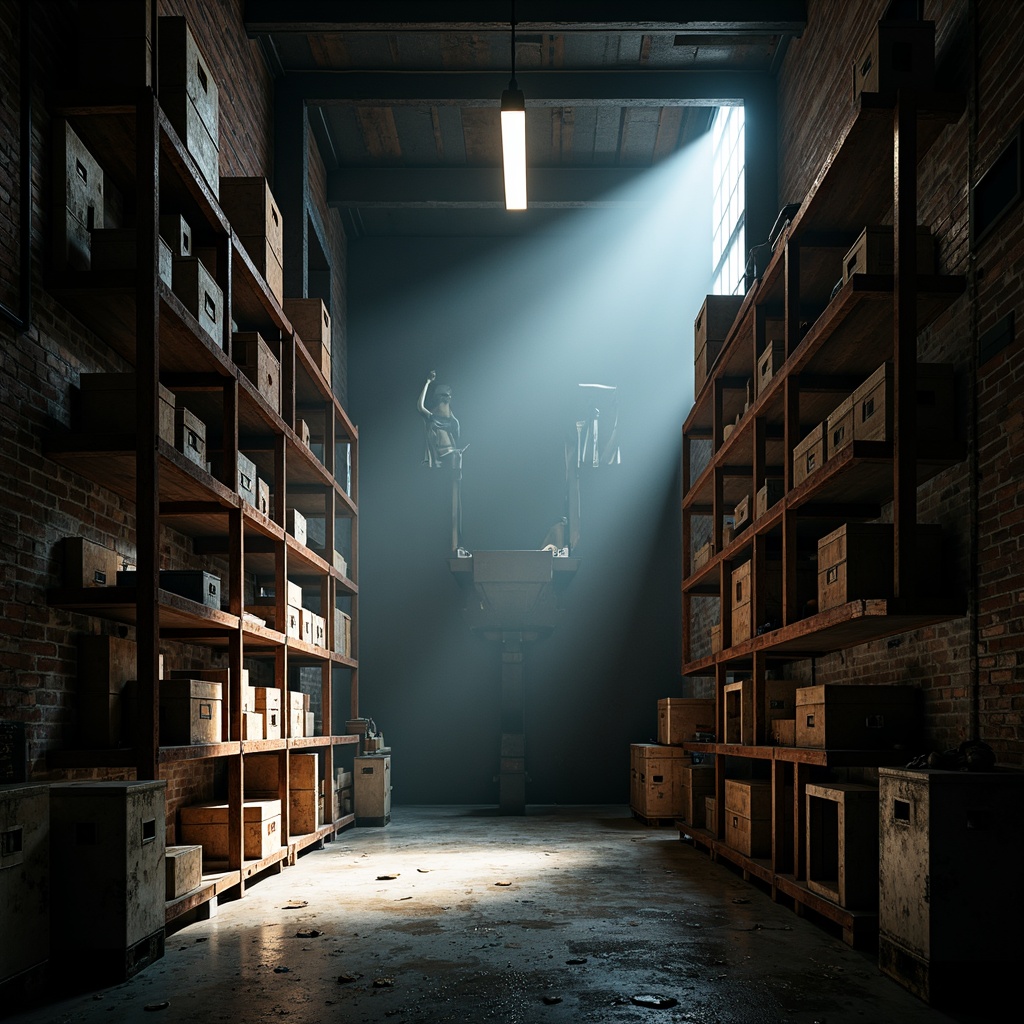 Prompt: \Dramatic storage room, dimly lit atmosphere, flickering fluorescent lights, eerie shadows, exposed brick walls, rusty metal shelves, old wooden crates, mysterious artifacts, dusty air, intense spotlight beams, high contrast ratios, cinematic mood lighting, bold color accents, abstract geometric patterns, distressed textures, avant-garde composition, shallow depth of field, 1/1 aspect ratio, gritty realistic rendering.\