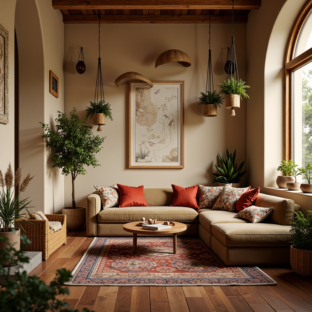 Prompt: Cozy living room, plush velvet sofa, soft cushions, warm beige walls, natural wood flooring, woven baskets, macrame plant hangers, Moroccan-inspired tiles, vibrant colorful throw pillows, intricate geometric patterns, comfortable reading nook, warm ambient lighting, shallow depth of field, 3/4 composition, realistic textures, ambient occlusion.