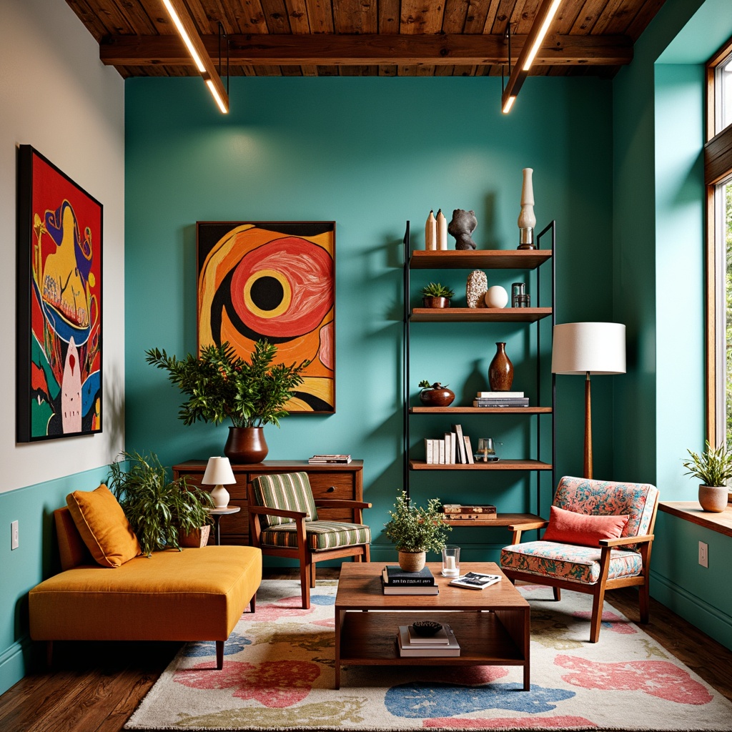 Prompt: Eccentric living room, bold color blocking, eclectic furniture mix, playful pattern mashups, abstract art pieces, statement lighting fixtures, irregular shape rugs, avant-garde sculptures, asymmetrical shelving units, industrial metal accents, reclaimed wood textures, vibrant turquoise walls, warm golden lighting, shallow depth of field, 1/1 composition, realistic reflections, ambient occlusion.