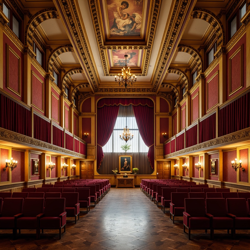 Prompt: Ornate auditorium, Renaissance-style wall finishes, richly textured plaster, luxurious velvet drapes, golden gilded frames, intricate fresco ceilings, ornamental moldings, polished marble floors, grand chandeliers, warm candlelight, soft warm lighting, shallow depth of field, 3/4 composition, panoramic view, realistic textures, ambient occlusion.