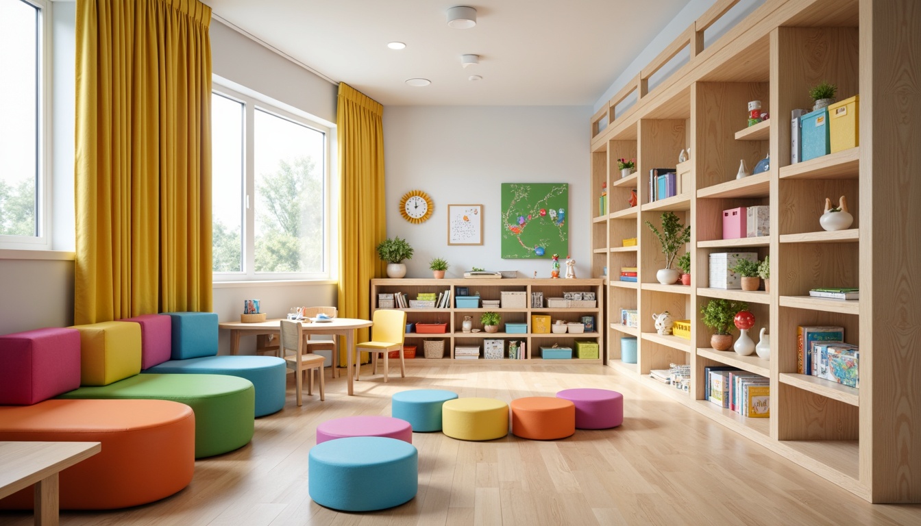 Prompt: Vibrant kindergarten interior, playful furniture design, colorful blocks, soft cushions, rounded edges, wooden tables, tiny chairs, educational toys, interactive playsets, sensory stimulation areas, cozy reading nooks, natural wood textures, pastel color schemes, softbox lighting, shallow depth of field, 1/1 composition, realistic materials, ambient occlusion.