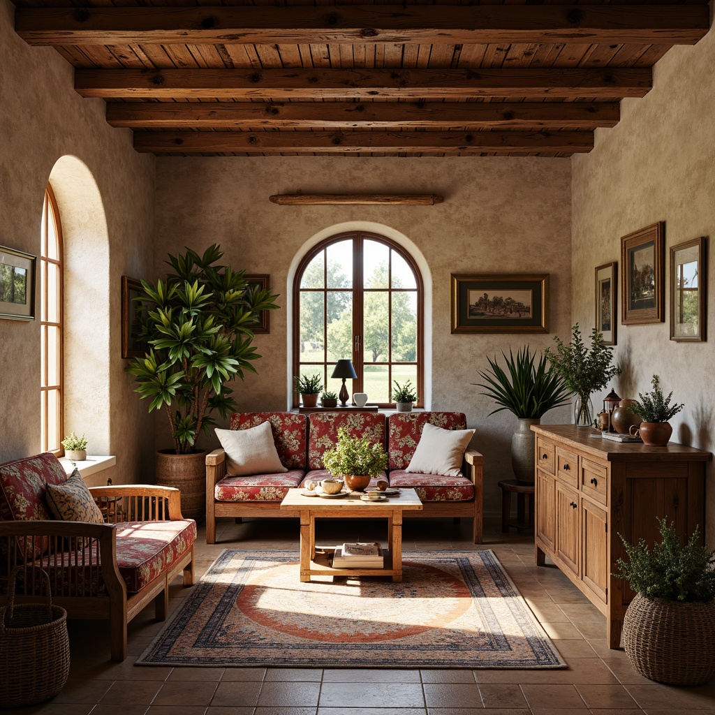 Prompt: Rustic farmhouse, wooden beams, stone walls, floral patterns, organic shapes, curved lines, ornate details, luxurious fabrics, velvet upholstery, carved wooden furniture, antique decorative items, vintage accessories, soft warm lighting, cozy atmosphere, natural materials, earthy tones, distressed finishes, worn leather, woven baskets, potted plants, country views, sunny afternoon, shallow depth of field, 2/3 composition, warm color palette, realistic textures.