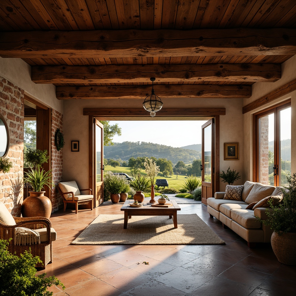 Prompt: Rustic farmhouse, wooden beams, exposed brick walls, vintage decorations, warm natural light, large windows, sliding glass doors, countryside views, rolling hills, green pastures, sunny afternoon, soft warm glow, shallow depth of field, 3/4 composition, earthy color palette, distressed wood textures, woven baskets, potted plants, floral patterns, cozy ambiance.