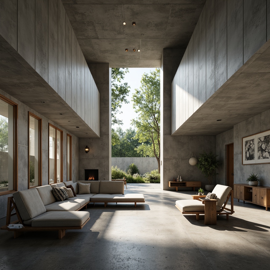 Prompt: Villa brutalism interior, monolithic concrete walls, polished concrete floors, minimalist decor, low-profile furniture, sleek metal frames, geometric shapes, industrial textures, raw wood accents, neutral color palette, natural light pouring in, cinematic shadows, dramatic 3/4 composition, atmospheric lighting, high-contrast rendering, detailed 3D models.