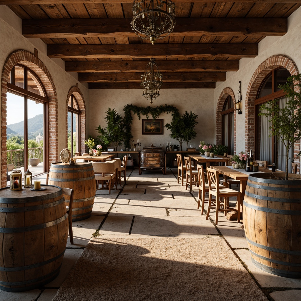 Prompt: Rustic winery, distressed wood furniture, vintage metal accents, reclaimed oak tables, plush velvet armchairs, soft linen upholstery, natural stone floors, earthy tone color palette, warm candle lighting, large wooden barrels, wine-making equipment, ornate metal lanterns, flower-filled vases, elegant chandeliers, soft drapery, natural fiber rugs, rustic wooden crates, aged brick walls, French country-inspired decor, sunny afternoon light, shallow depth of field, 1/2 composition, realistic textures.