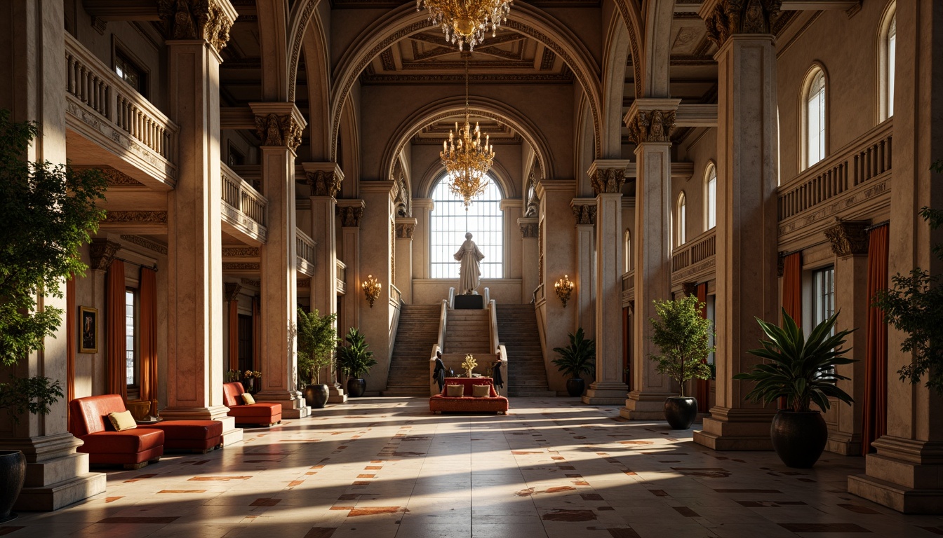 Prompt: Grandiose columns, ornate capitals, symmetrical facades, rustic stone walls, decorative arches, intricate moldings, imposing entranceways, grand staircases, opulent chandeliers, lavish furnishings, rich velvet drapes, luxurious marble floors, dignified statues, majestic domes, subtle warm lighting, shallow depth of field, 2/3 composition, atmospheric perspective, realistic textures, ambient occlusion.