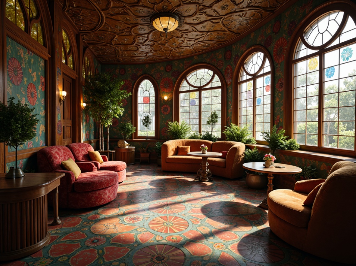 Prompt: Whimsical Art Nouveau interior, flowing organic lines, ornate metalwork, sinuous wooden curves, stained glass windows, vibrant colorful tiles, intricate floral patterns, luxurious velvet fabrics, tufted upholstery, sculptural furniture pieces, bronze accents, ambient warm lighting, shallow depth of field, 1/2 composition, soft focus, realistic textures, atmospheric glow.