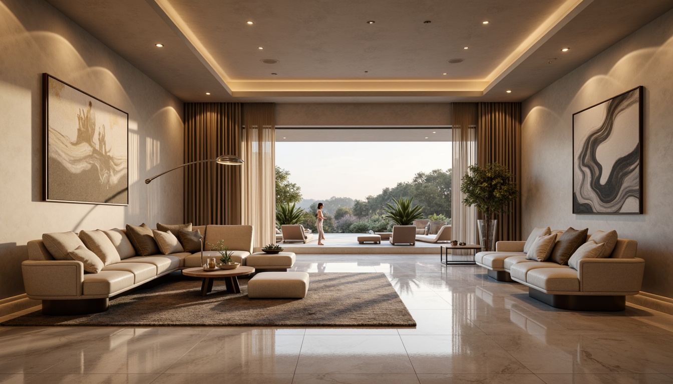 Prompt: Sleek living room, curved sofas, rounded coffee tables, smooth marble floors, soft warm lighting, velvety textiles, undulating wave patterns, flowing drapery, organic shapes, minimalist decor, polished chrome accents, luxurious ambiance, 3/4 composition, shallow depth of field, panoramic view, realistic reflections, ambient occlusion.