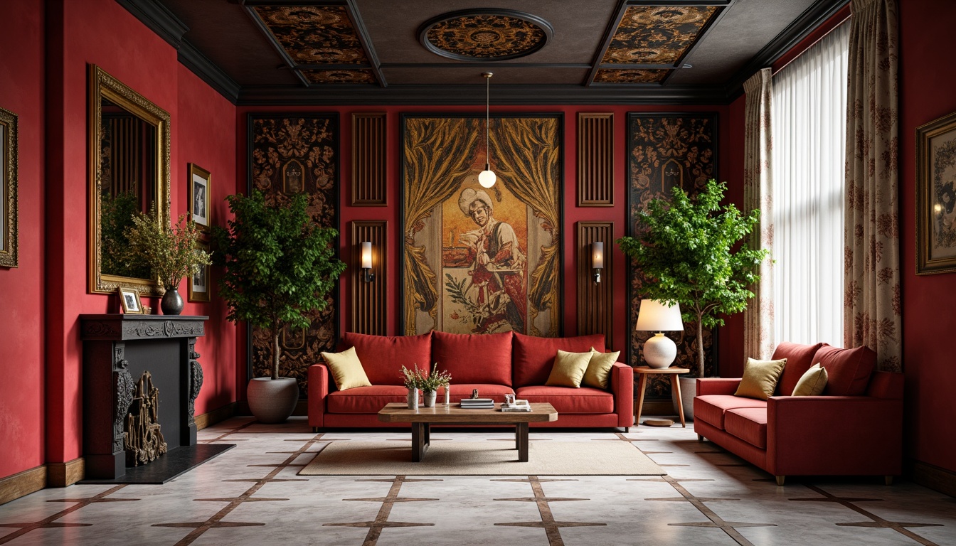 Prompt: Richly ornamented walls, luxurious velvet fabrics, smooth marble floors, rustic wooden accents, industrial metal beams, vibrant color blocking, contrasting materiality, eclectic pattern mixing, soft ambient lighting, dramatic shadow play, 1/2 composition, atmospheric depth cues, realistic surface normals.