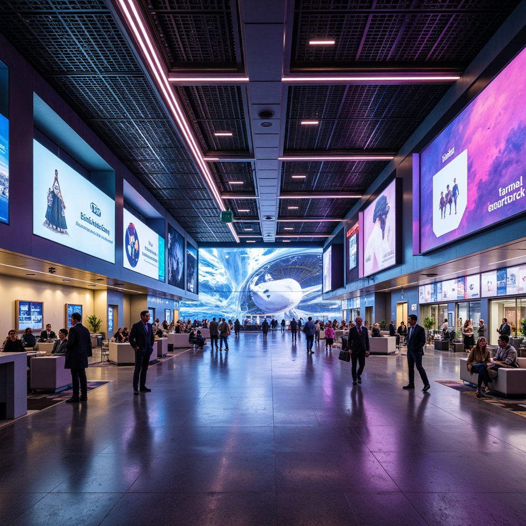 Prompt: Futuristic airport interior, sleek metal beams, LED light strips, holographic advertisements, ambient neon glow, soft warm floor lighting, glowing departure boards, minimalist seating areas, metallic mesh ceilings, polished chrome fixtures, high-tech security checkpoints, interactive information kiosks, atmospheric misting systems, abstract geometric patterns, vibrant color-changing walls, dynamic digital signage, 3/4 composition, shallow depth of field, panoramic view, realistic textures, ambient occlusion.