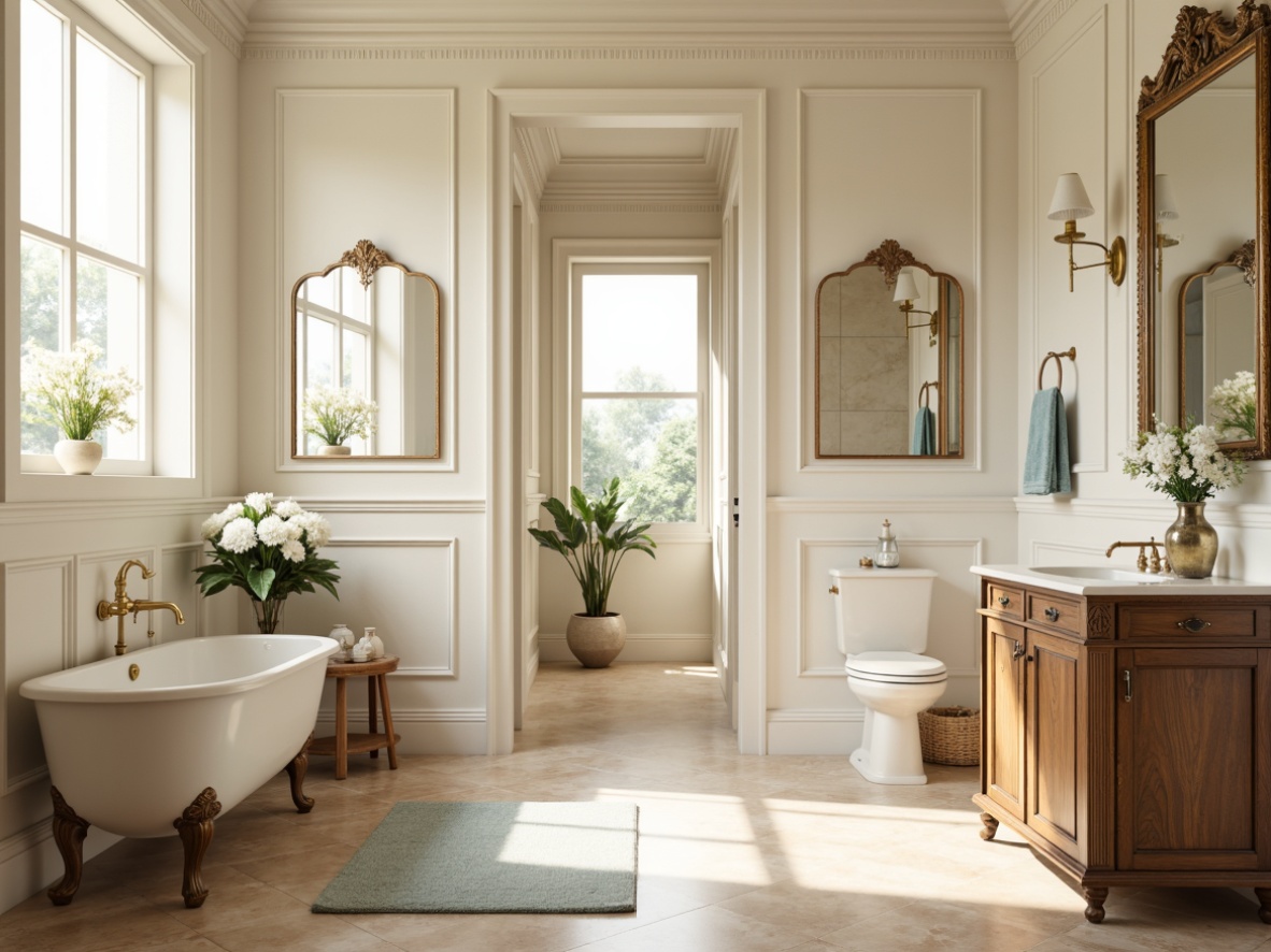 Prompt: Elegant bathroom, soft cream walls, warm beige floors, classic white sanitary ware, ornate gold fixtures, subtle marble textures, calming pale blue accents, rich wood cabinetry, vintage-inspired lighting, ornamental mirrors, delicate floral patterns, serene ambiance, natural light pouring in, 1/1 composition, realistic reflections, ambient occlusion.