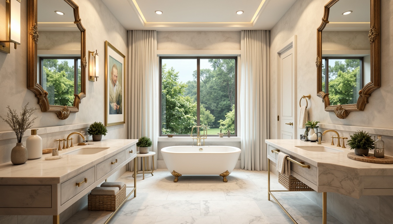 Prompt: Elegant bathroom, soft creamy whites, warm beige tones, calming blues, gentle greens, marble countertops, ornate golden fixtures, Victorian-inspired mirrors, freestanding tubs, subtle texture contrasts, warm LED lighting, shallow depth of field, 1/1 composition, realistic reflections, ambient occlusion.