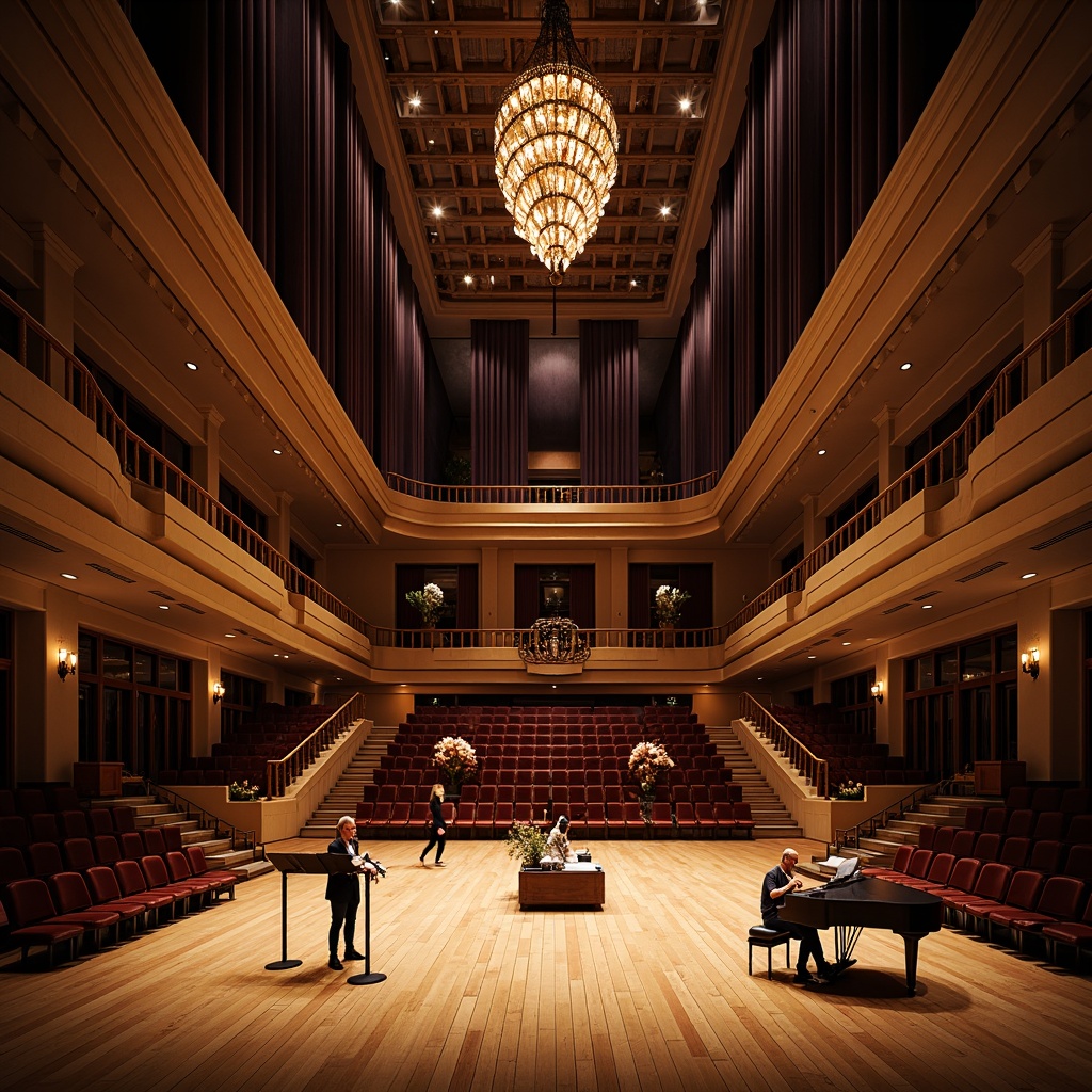 Prompt: Intimate concert hall, wooden flooring, sound-absorbing panels, curved balconies, ornate chandeliers, velvet curtains, plush seating, grand pianos, acoustic guitars, music stands, elegant staircases, warm ambient lighting, soft shadows, 1/2 composition, shallow depth of field, realistic textures, subtle reflections.