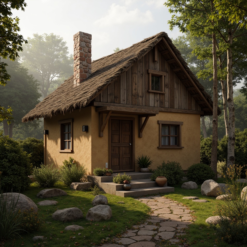 Prompt: Rustic character hut, earthy toned walls, rugged stone textures, wooden accents, thatched roof, overgrown vegetation, misty morning atmosphere, soft warm lighting, shallow depth of field, 1/2 composition, cinematic view, realistic normal maps, ambient occlusion.