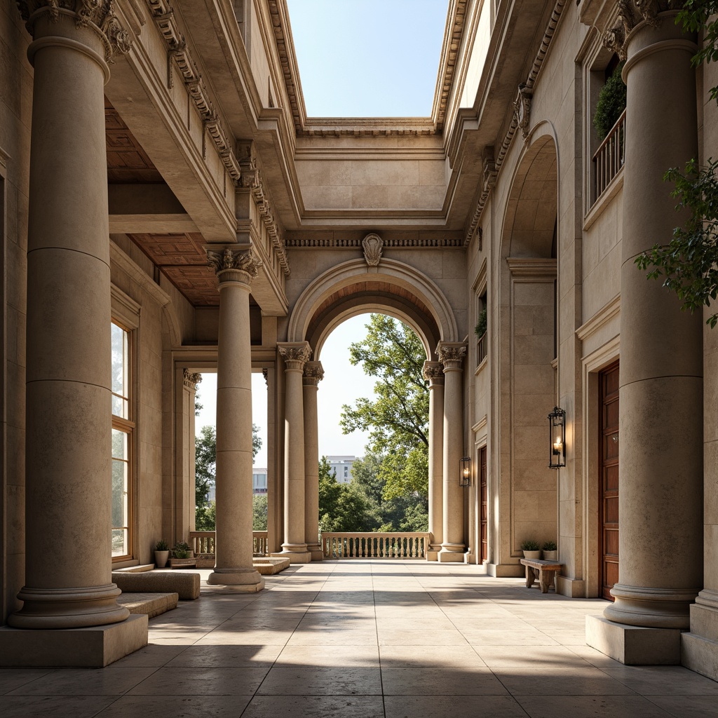 Prompt: Grandiose classical columns, ornate capitals, fluted shafts, rustic bases, Doric order, Ionic scrolls, Corinthian foliage, majestic arches, symmetrical facades, limestone materials, weathered stone textures, subtle shading, warm afternoon lighting, atmospheric perspective, 2/3 composition, realistic renderings, ambient occlusion.