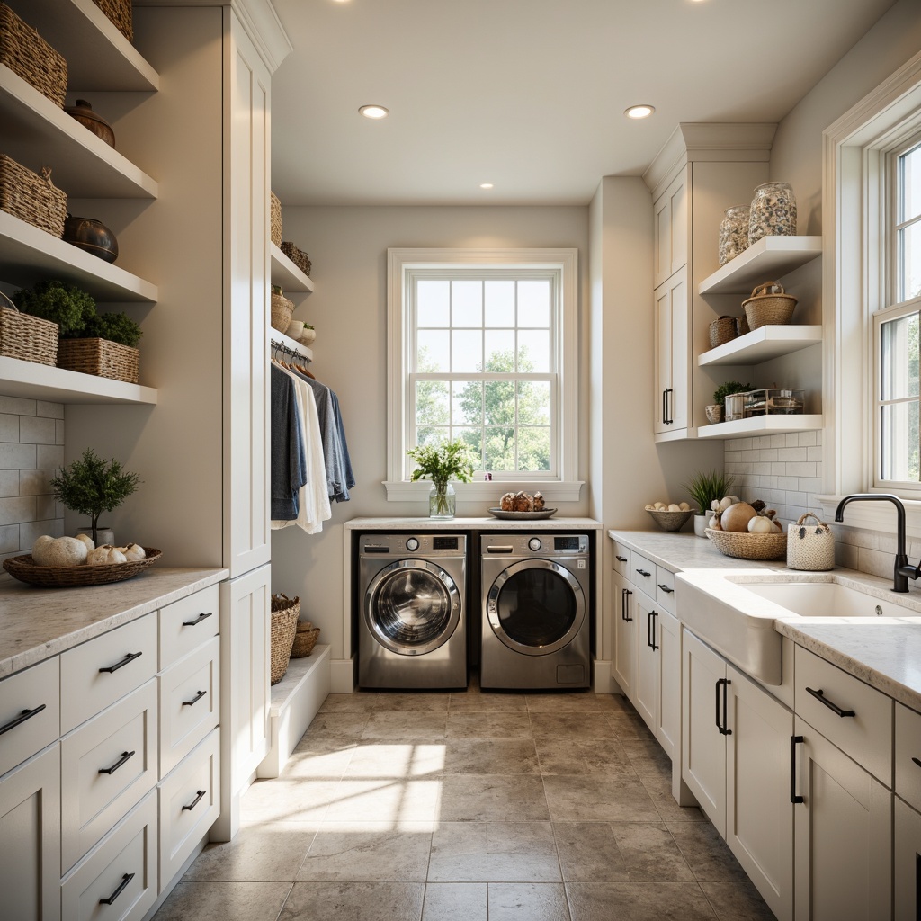 Prompt: Laundry room, transitional style, creamy white cabinets, soft-close drawers, elegant chrome hardware, built-in washer and dryer, sleek quartz countertops, natural stone flooring, ample storage shelves, woven baskets, hanging rods, modern farmhouse sink, warm recessed lighting, 3/4 composition, shallow depth of field, realistic textures, ambient occlusion.