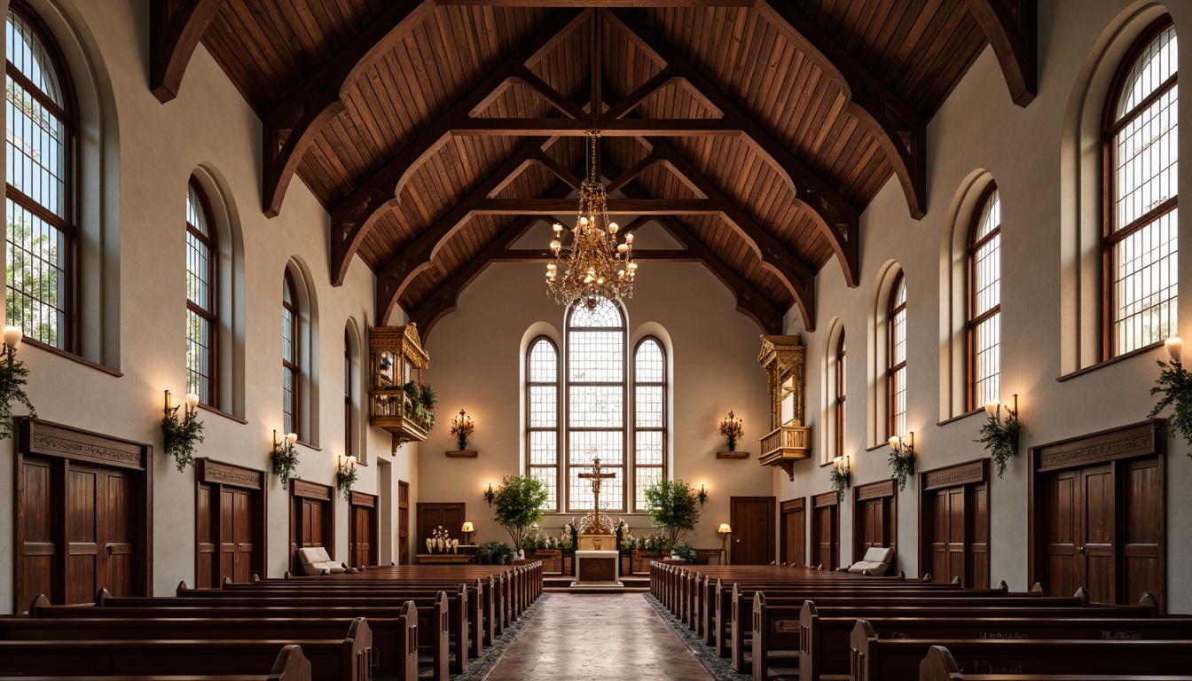 Prompt: Vaulted ceiling, exposed wooden beams, rustic wood tones, natural stone walls, stained glass windows, intricate carvings, ornate chandeliers, soft warm lighting, dramatic shadows, high-arched windows, grandiose architecture, elegant pews, rich textiles, luxurious upholstery, serene atmosphere, peaceful ambiance, subtle color palette, classic design elements, symmetrical composition, 1/1 aspect ratio, realistic renderings.