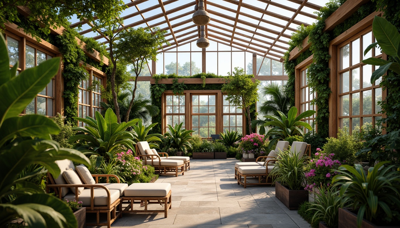 Prompt: Lush greenhouse interior, vibrant tropical plants, exotic flowers, natural stone flooring, wooden trellises, rattan furniture, warm soft lighting, misting system, humid climate control, vertical gardening, living walls, green roofs, organic fertilizer, pruning tools, botanical labels, educational signs, serene ambiance, shallow depth of field, 1/1 composition, realistic textures, ambient occlusion.