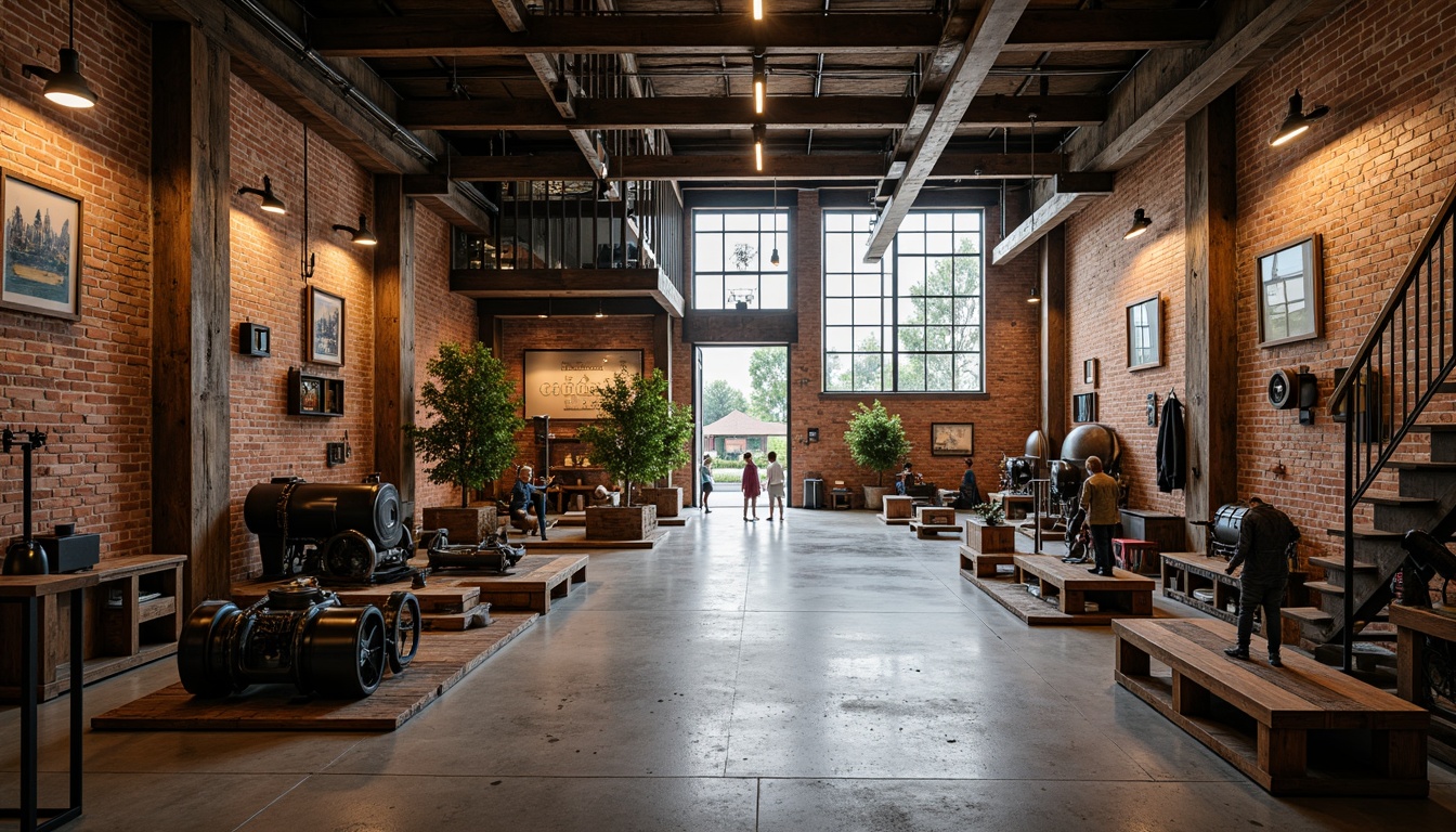 Prompt: Rustic factory interior, exposed steel beams, distressed brick walls, concrete floors, industrial-style lighting fixtures, metal staircase, reclaimed wood accents, vintage machinery displays, urban loft atmosphere, high ceilings, open space layout, natural light pouring in, warm color tones, shallow depth of field, 1/2 composition, realistic textures, ambient occlusion.