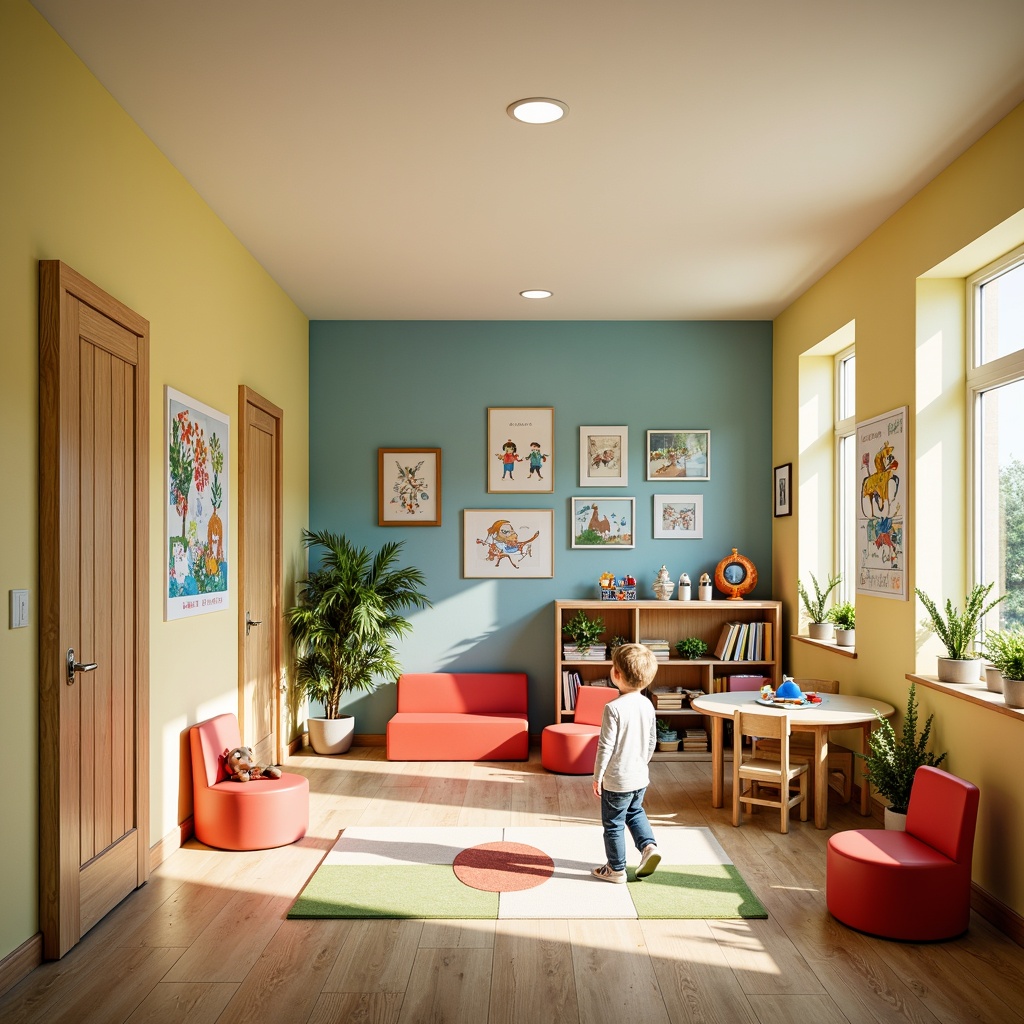 Prompt: Vibrant kindergarten, playful color scheme, soft pastel hues, gentle yellow walls, soothing blue accents, cheerful red furniture, whimsical illustrations, educational posters, interactive play areas, cozy reading nooks, natural wood flooring, eco-friendly materials, abundant natural light, warm sunny day, shallow depth of field, 1/2 composition, realistic textures, ambient occlusion.