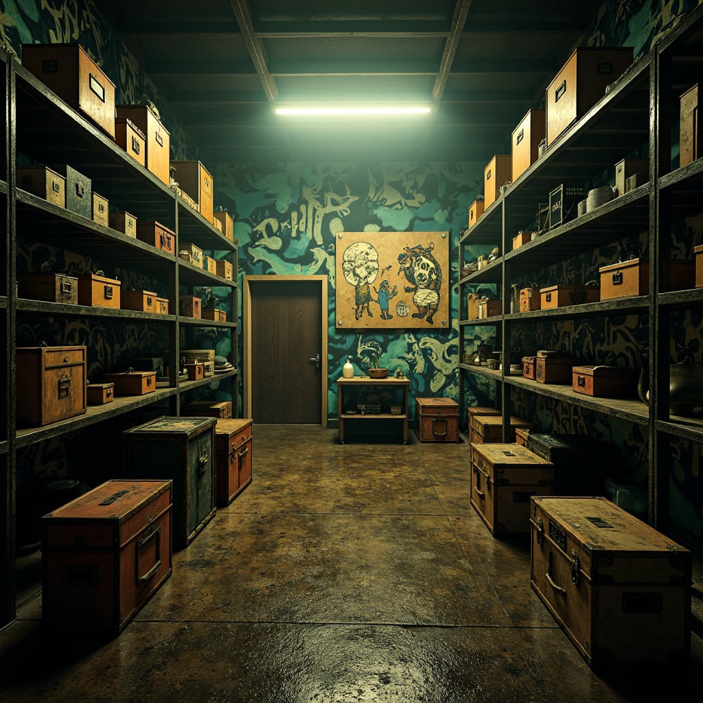 Prompt: Mysterious storage room, industrial metal shelves, distressed wood crates, vintage luggage trunks, eclectic artwork, bold graffiti walls, moody lighting, warm golden tones, deep blues, rich greens, earthy browns, rugged textures, urban grunge atmosphere, cinematic shadows, dramatic contrast, 1/2 composition, atmospheric fog effect, stylized reflections.