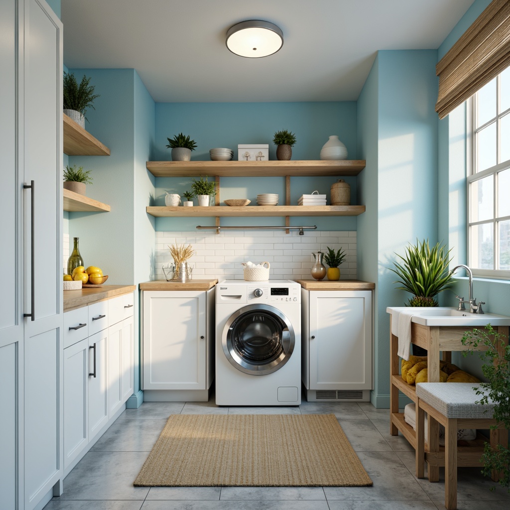 Prompt: Vibrant laundry room, pastel blue walls, crisp white cabinets, warm beige countertops, soft gray flooring, calming ambient lighting, modern minimalist decor, sleek stainless steel appliances, fresh green accents, natural linen textiles, airy open shelving, functional storage solutions, cheerful yellow highlights, subtle texture contrasts, shallow depth of field, 1/2 composition, realistic reflections.