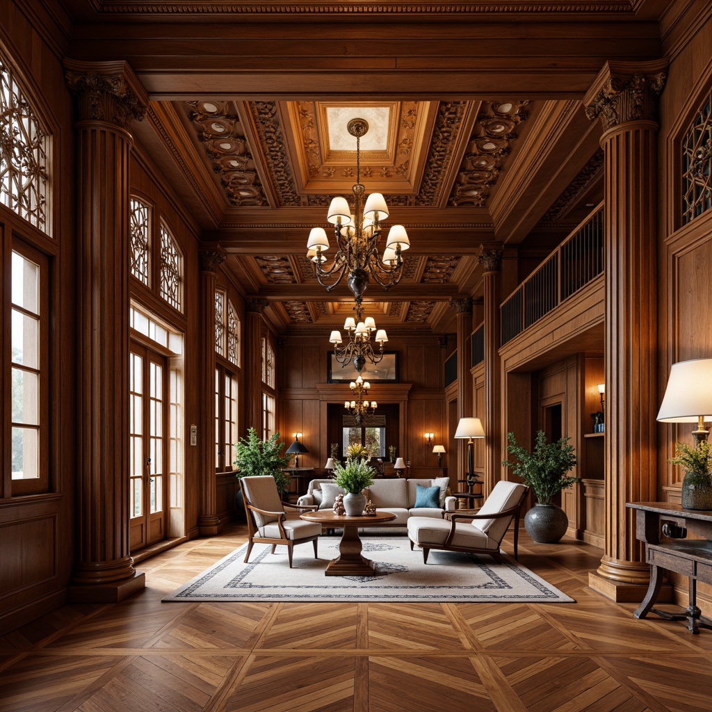 Prompt: Elegant mansion, hardwood flooring, rich walnut tones, ornate patterns, classic Greek columns, carved wooden accents, lavish furnishings, grand chandeliers, soft warm lighting, shallow depth of field, 1/1 composition, realistic textures, ambient occlusion.