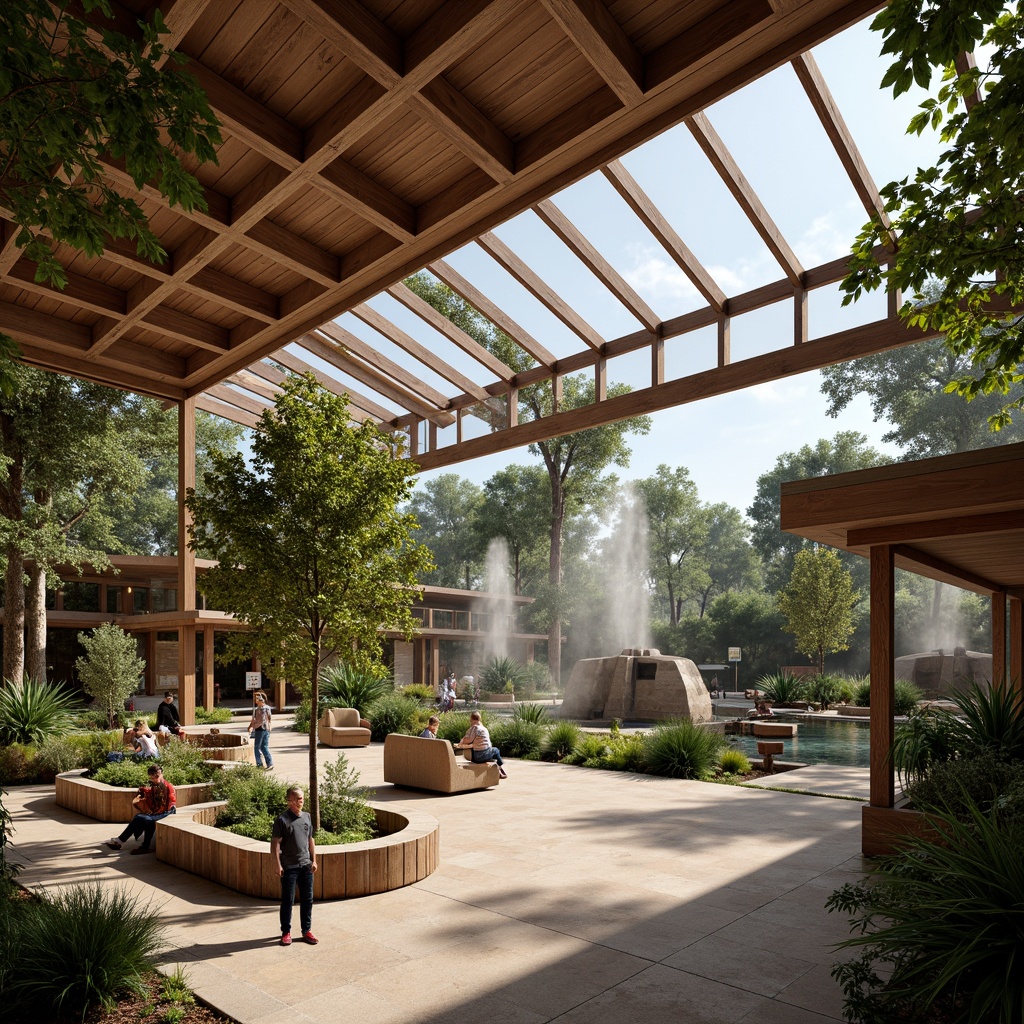 Prompt: Naturalistic zoo interior, open spaces with high ceilings, wooden beams, large windows, abundant natural light, animal exhibits with rustic wood accents, tropical plants, misting systems, water features, interactive displays, educational signage, comfortable seating areas, warm color schemes, organic textures, shallow depth of field, 1/1 composition, soft warm lighting, realistic renderings.