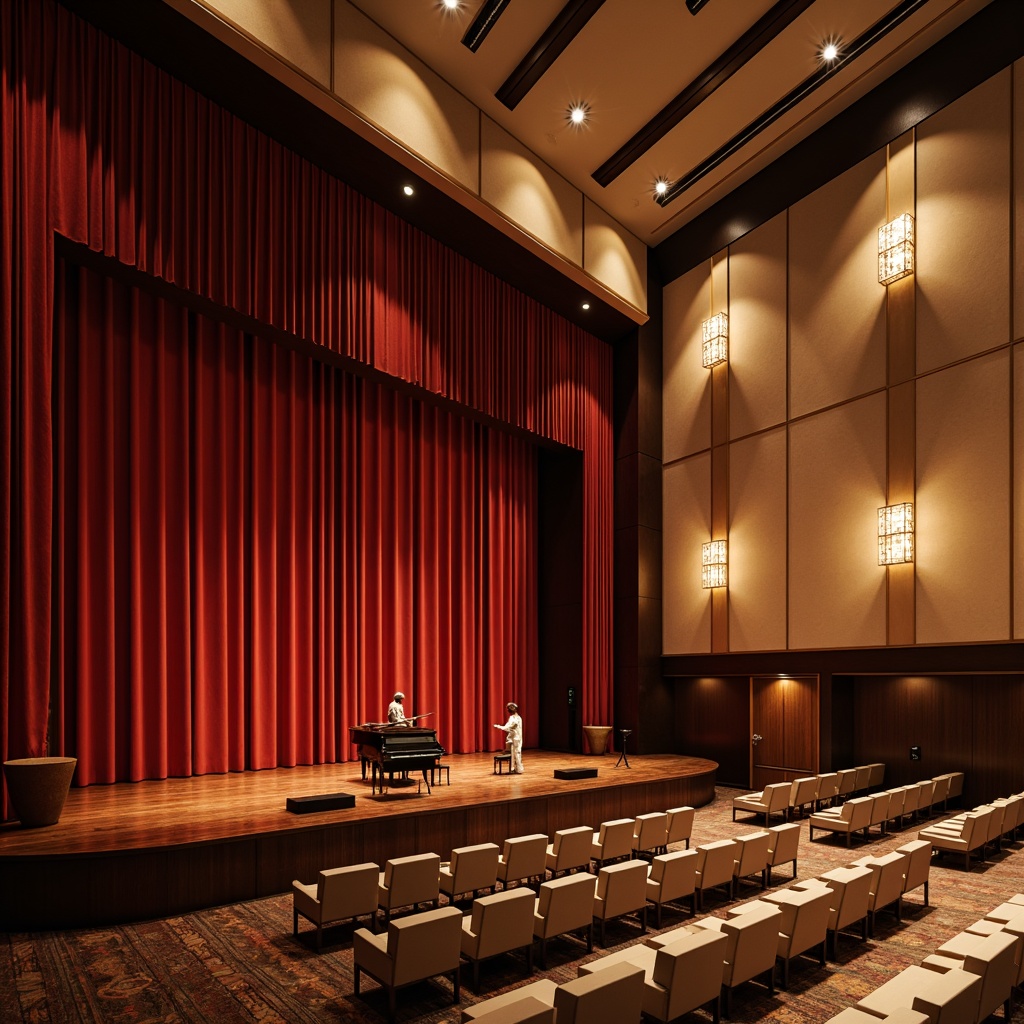 Prompt: Rich velvety red curtains, dark wood acoustic panels, golden metal stage lights, soft beige seating, warm cream-colored walls, elegant chandeliers, subtle carpet patterns, grand piano, refined wooden flooring, sophisticated sound systems, ambient warm lighting, shallow depth of field, 1/2 composition, realistic textures, soft focus effect.