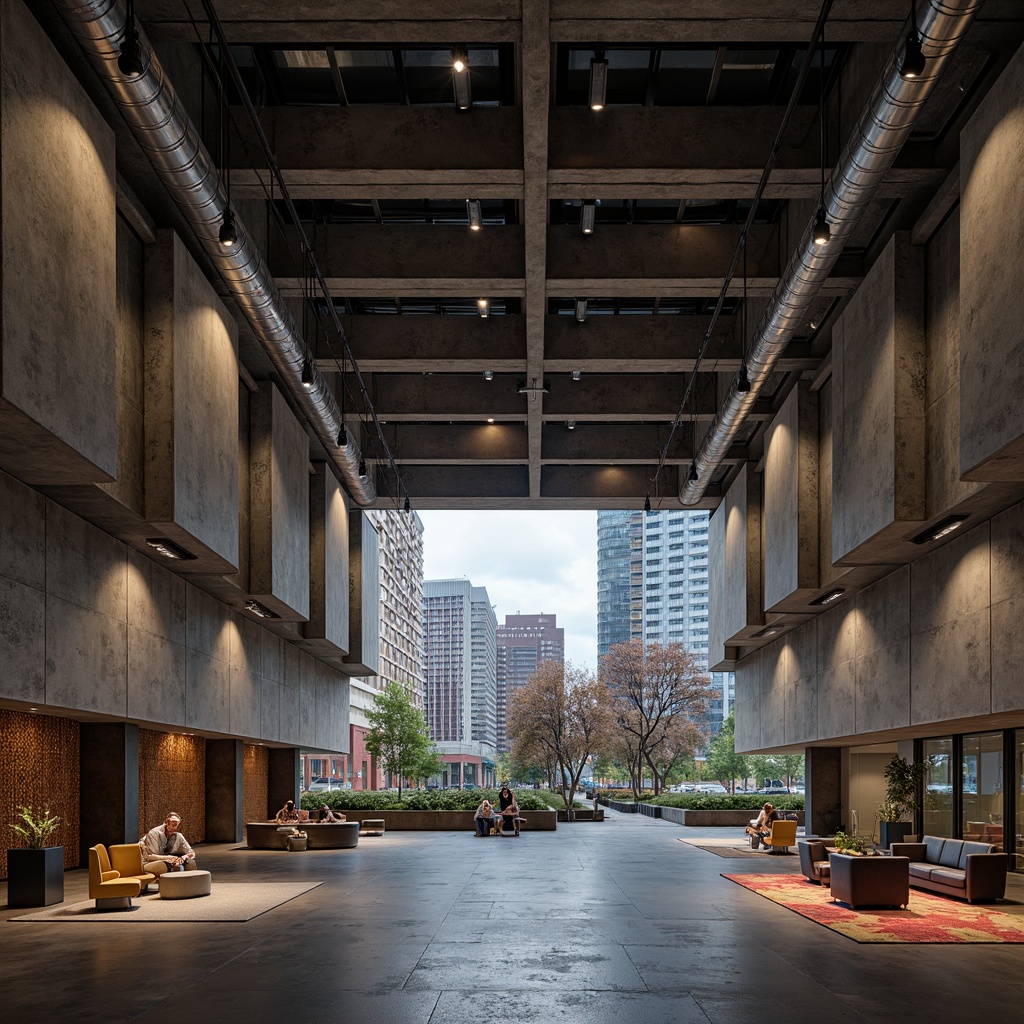 Prompt: Rugged brutalist performing arts center, raw concrete walls, exposed ductwork, industrial metal beams, minimalist lighting fixtures, reclaimed wood accents, bold geometric shapes, asymmetrical architecture, urban cityscape, overcast sky, dramatic spotlights, dynamic sound waves, acoustic panel arrays, hexagonal patterns, dark-toned color scheme, metallic finishes, brutalist-inspired furniture, avant-garde sculptures, abstract artworks, high-contrast textures, cinematic camera angles, wide-angle lenses, shallow depth of field.