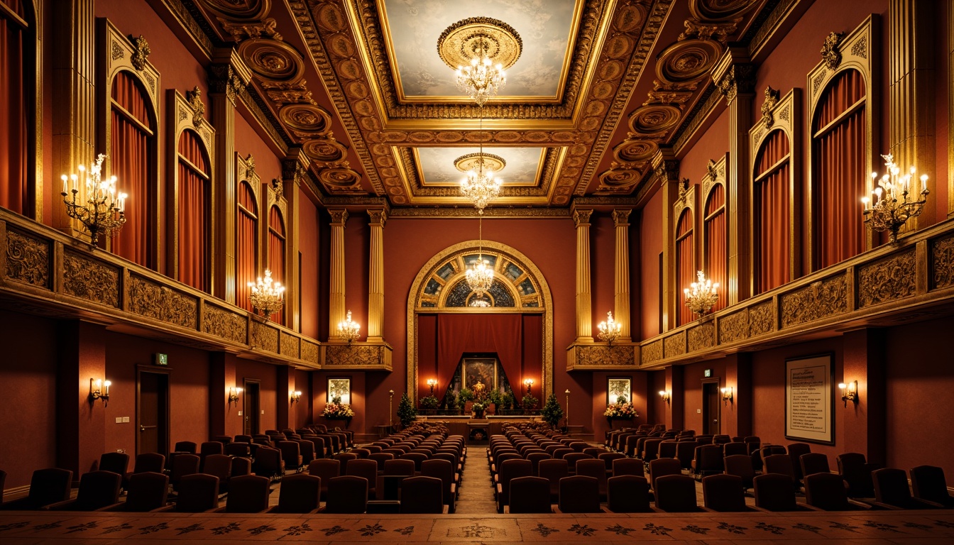 Prompt: Opulent auditorium, Renaissance-style ceiling design, ornate chandeliers, intricate frescoes, gilded details, rich wood paneling, luxurious velvet drapes, grandiose arches, Baroque-inspired moldings, golden accents, crystal sconces, majestic proportions, symmetrical composition, dramatic lighting effects, warm golden glow, shallow depth of field, 1/2 composition, realistic textures, ambient occlusion.