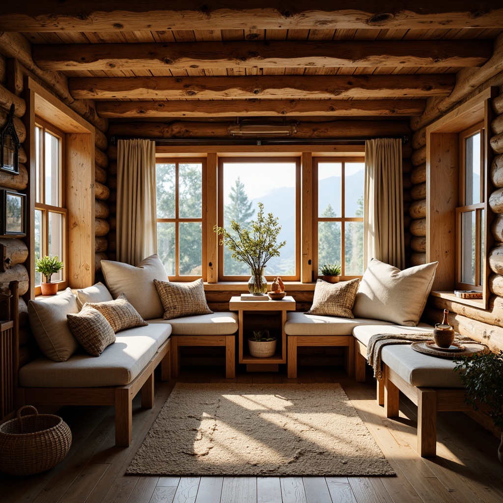 Prompt: Cozy cabin-style interior, warm wooden accents, built-in window seats, plush cushions, rustic wooden furniture, earthy color palette, natural textiles, woven baskets, vintage decorative items, traditional craftsmanship, ornate wood carvings, comfortable reading nooks, soft warm lighting, shallow depth of field, 1/1 composition, realistic textures, ambient occlusion.