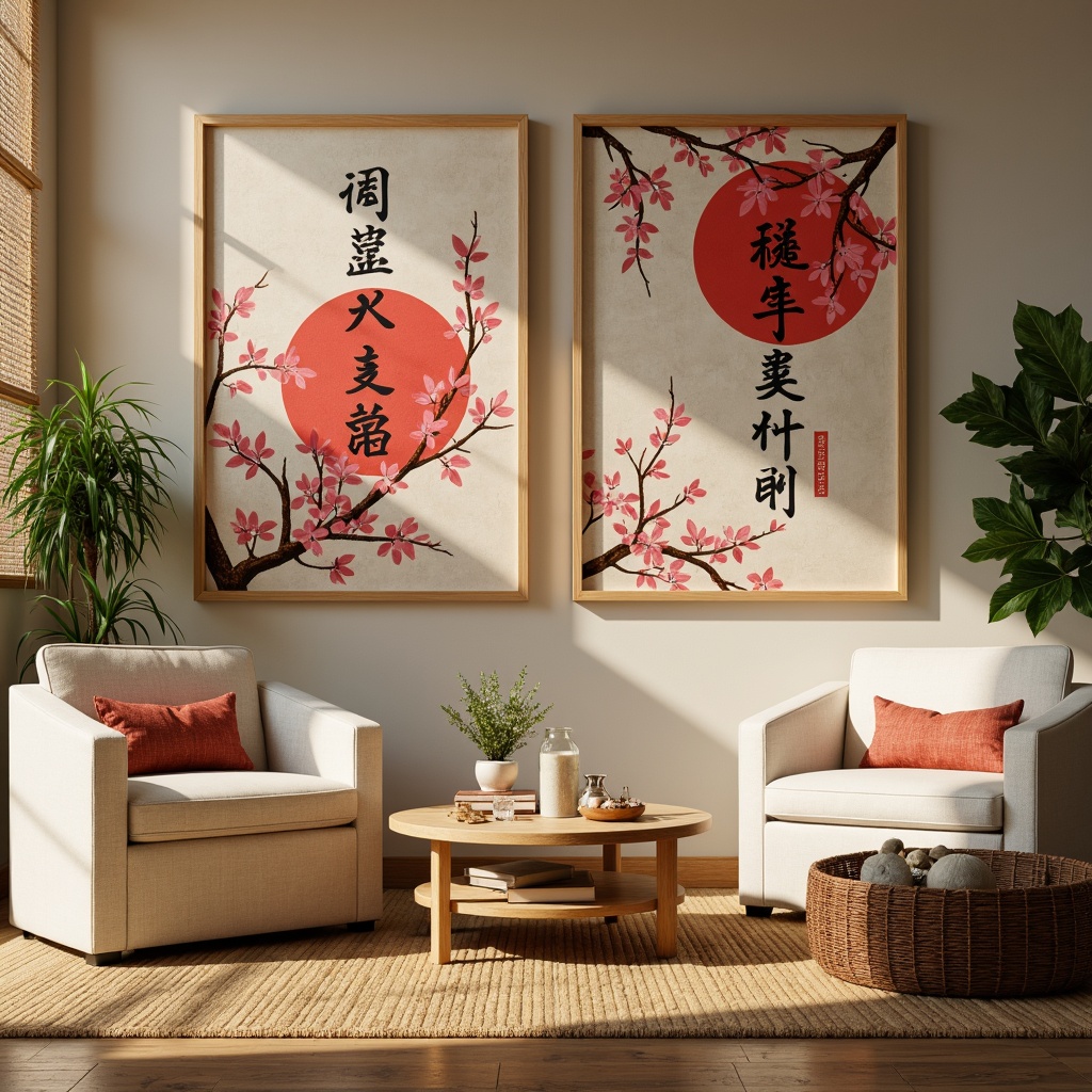 Prompt: Vibrant Asian-inspired wall art, cherry blossom prints, kanji calligraphy, bold red accents, natural wood frames, rice paper textures, minimalist compositions, subtle golden lighting, soft shadows, 1/1 aspect ratio, realistic brushstrokes, traditional Japanese motifs, intricate patterns, serene ambiance, cozy furniture arrangements, low-seating sofas, woven bamboo rugs, lush green plants, warm beige walls.