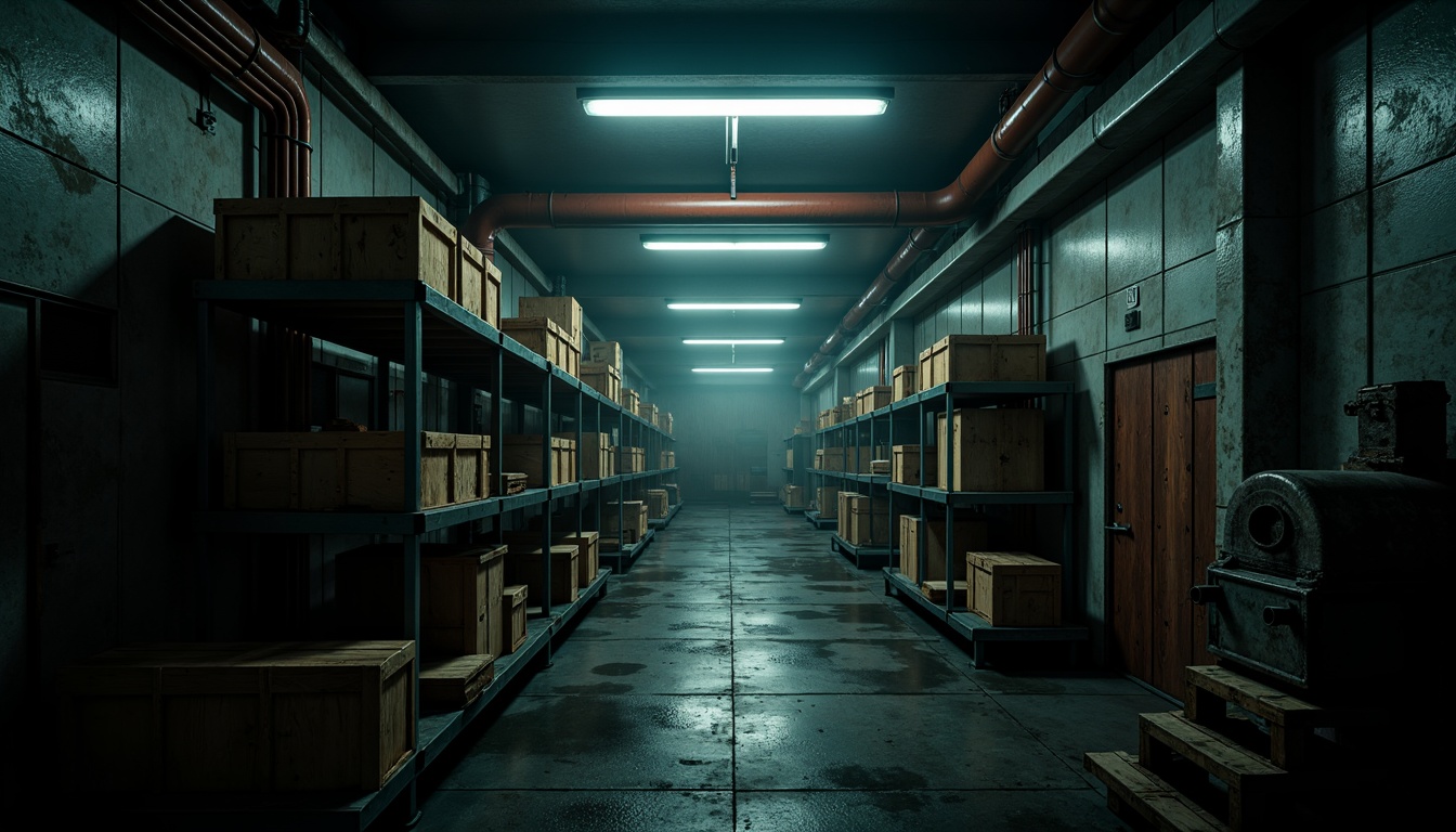 Prompt: Dark storage rooms, dimly lit corridors, flickering fluorescent lights, eerie shadows, mysterious ambiance, industrial metal shelving, rusty pipes, distressed concrete walls, worn wooden crates, old machinery parts, dramatic spotlighting, high contrast ratio, ominous color palette, heavy darkness, low-key lighting, subtle mist, atmospheric fog, cinematic composition, narrow depth of field, 1/1 aspect ratio, realistic textures, ambient occlusion.