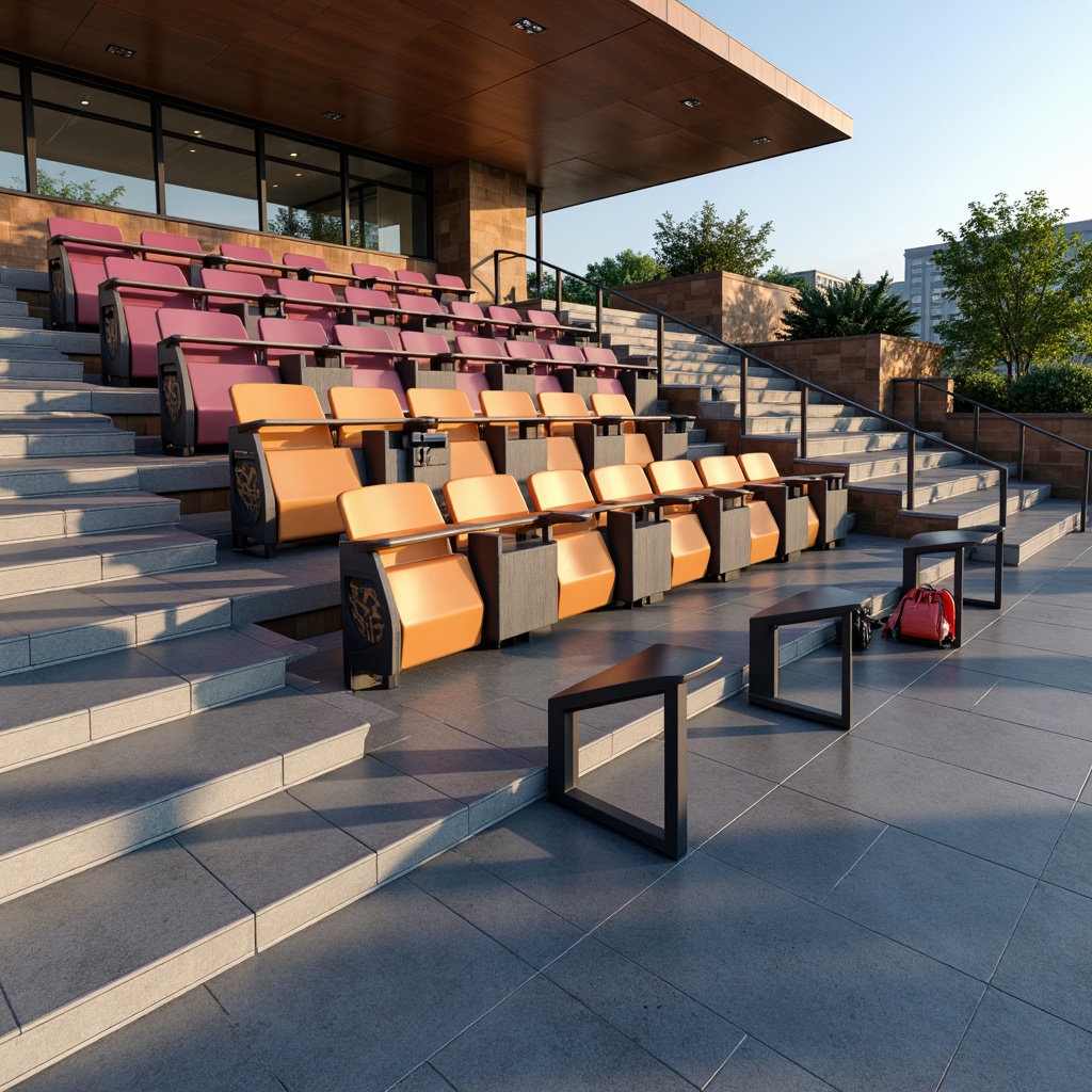 Prompt: Curved amphitheater seating, modern minimalist design, sleek metal frames, vibrant color accents, ergonomic chair shapes, adjustable armrests, integrated cup holders, subtle LED lighting, polished concrete floors, angular staircases, open-air atmosphere, sunny day, soft natural light, 1/1 composition, shallow depth of field, realistic textures, ambient occlusion.