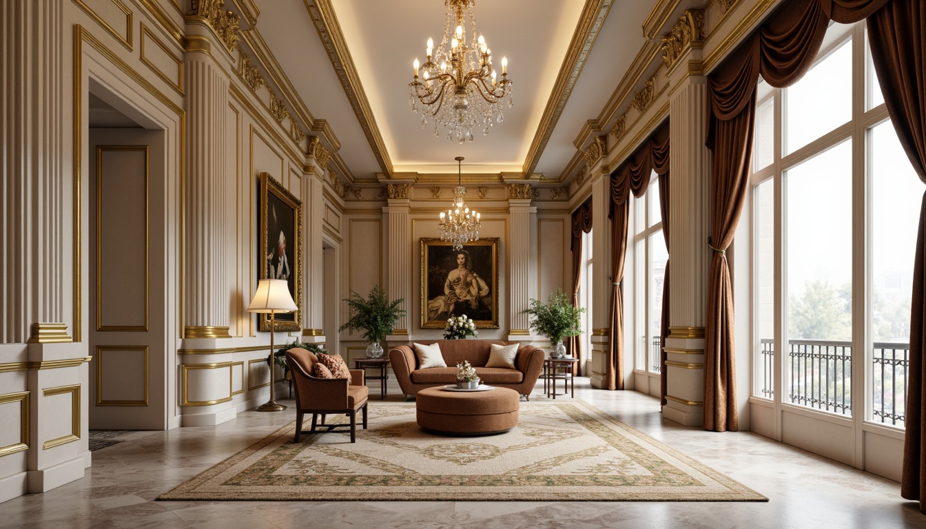 Prompt: Elegant wall paneling, rich wood textures, ornate gold molding, luxurious velvet fabrics, classic European-inspired designs, subtle neutral tones, cream-colored marble accents, intricate patterned rugs, crystal chandeliers, sophisticated trim work, refined architectural details, dramatic floor-to-ceiling drapery, warm soft lighting, shallow depth of field, 1/2 composition, realistic textures, ambient occlusion.