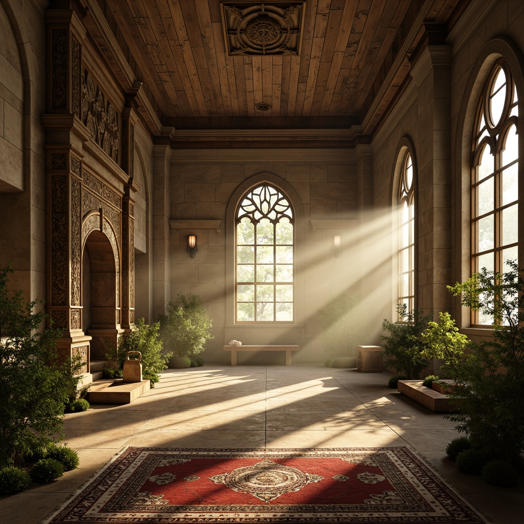 Prompt: Ethereal temple, soft warm light, gentle sunbeams, stained glass windows, vaulted ceilings, ornate carvings, intricately patterned rugs, serene ambiance, peaceful atmosphere, natural materials, reclaimed wood accents, earthy tones, moss-covered stone walls, lush greenery, misty morning, warm golden lighting, shallow depth of field, 1/1 composition, realistic textures, ambient occlusion.