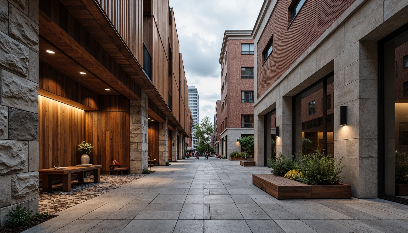 Prompt: Rough-hewn stone walls, rustic wooden accents, smooth concrete floors, metallic fa\u00e7ades, ornate tile patterns, intricate brickwork, natural wood grain, earthy color palette, industrial chic aesthetic, modern brutalist architecture, urban cityscape, overcast sky, dramatic shadows, low-angle lighting, 1/2 composition, high-contrast textures, ambient occlusion.