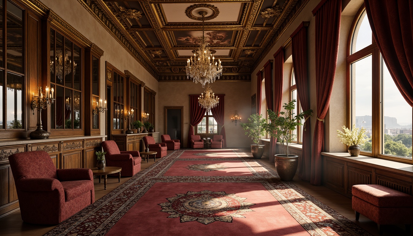 Prompt: Luxurious velvet armchairs, ornate wooden tables, intricately carved cabinets, gilded mirrors, lavish crystal chandeliers, richly patterned rugs, antique bronze fixtures, ornamental vases, heavily draped curtains, opulent marble countertops, intricate fresco ceilings, warm golden lighting, soft focus photography, 1/2 composition, dramatic shadows, high-contrast rendering.