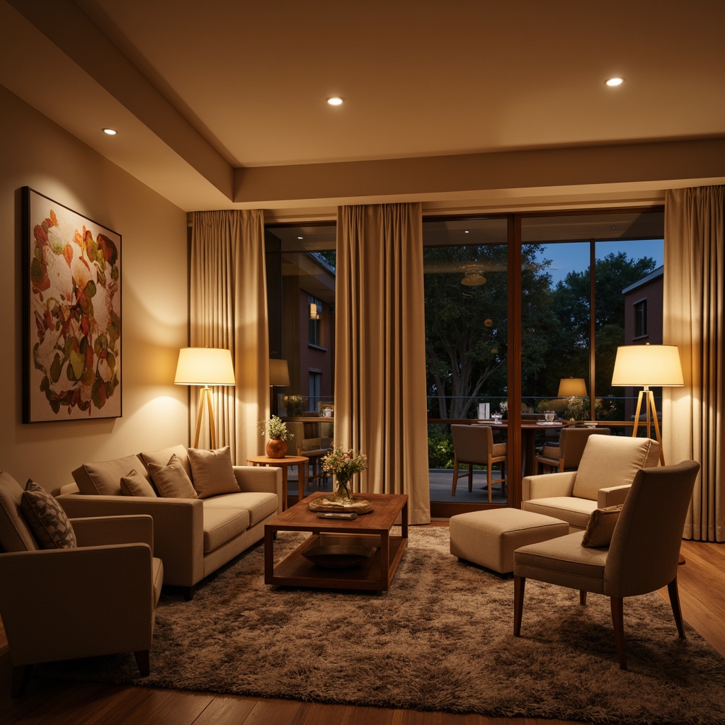 Prompt: Cozy living room, warm beige walls, comfortable seating area, floor lamps, table lamps, pendant lights, soft warm glow, relaxing atmosphere, wooden furniture, plush carpets, large windows, natural daylight, gentle shadows, warm color tones, inviting ambiance, intimate setting, subtle lighting contrasts, layered lighting design, 3-point lighting system, ambient occlusion.