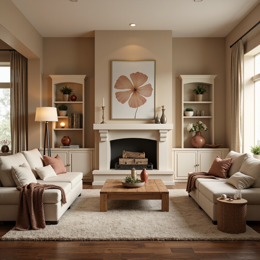 Prompt: Cozy living room, warm beige walls, rich walnut wood floors, plush cream-colored sofas, velvety soft throw blankets, earthy terracotta vases, natural linen drapes, subtle gold accents, warm ambient lighting, shallow depth of field, 3/4 composition, realistic textures, ambient occlusion.