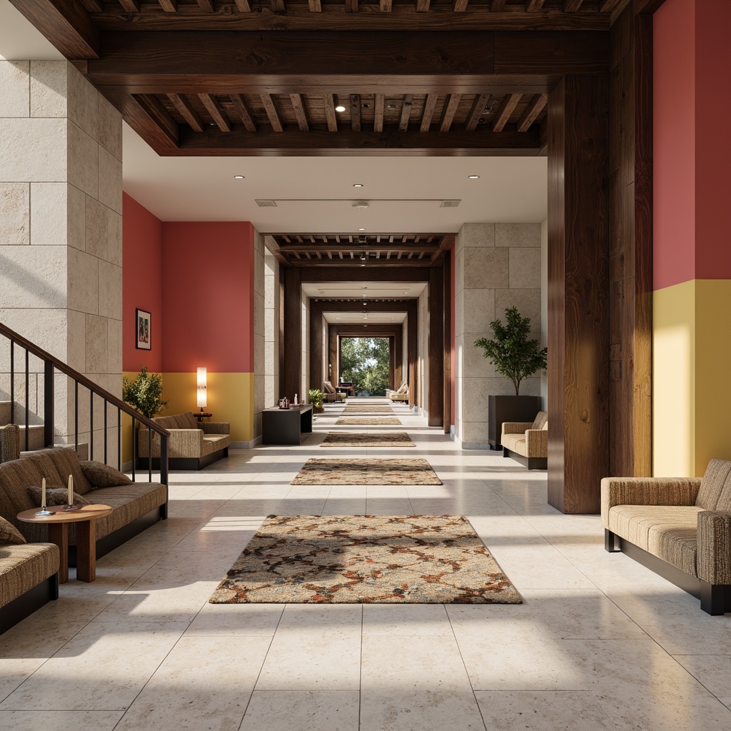 Prompt: Polished marble floors, rough-hewn wooden accents, sleek metal railings, vibrant color-blocked walls, geometric patterned carpets, natural stone columns, minimalist exhibition spaces, dramatic spot lighting, soft ambient illumination, 1/1 composition, shallow depth of field, realistic textures, ambient occlusion.