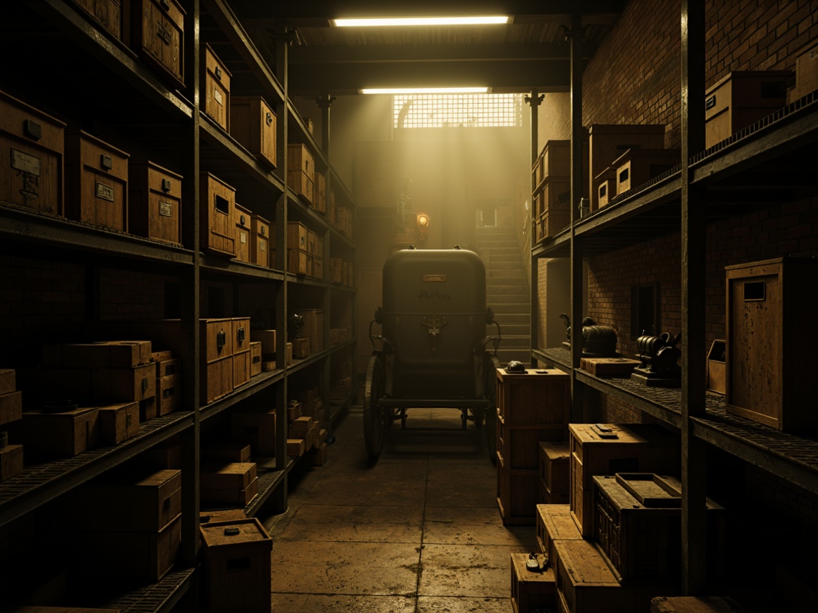 Prompt: Dimly lit storage room, eerie atmosphere, bold shadows, warm golden tones, industrial metal shelving, distressed wooden crates, vintage machinery, exposed brick walls, moody color palette, dramatic spotlighting, low-key ambient lighting, mysterious dark corners, foggy misty effects, cinematic composition, high contrast ratios, avant-garde textures, abstract expressionist art pieces.