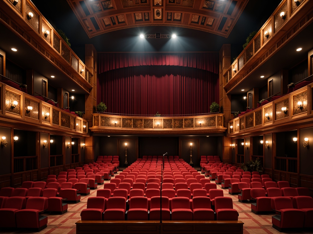 Prompt: Luxurious theater interior, dark wood accents, plush red velvet seats, golden ornate details, curved balconies, spotlights, soundproofing materials, thick heavy curtains, absorptive acoustic panels, geometric patterns, diffuse sound reflections, ambient warm lighting, shallow depth of field, 1/2 composition, realistic textures, soft focus blur.