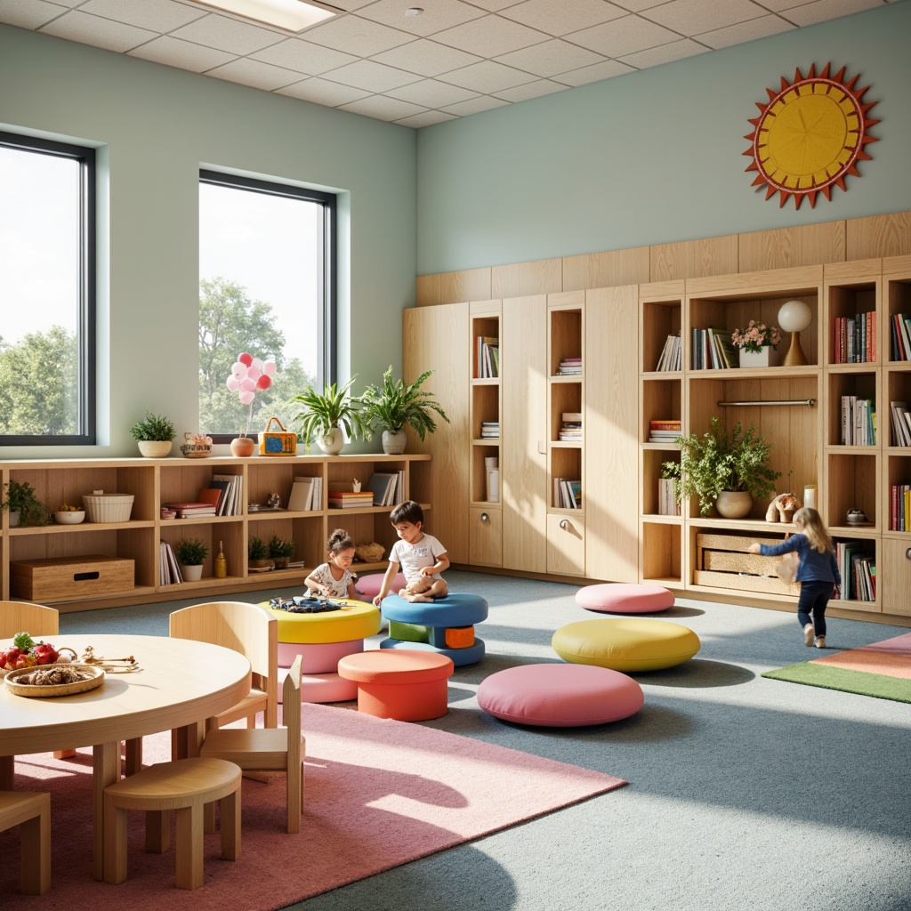 Prompt: Vibrant kindergarten classroom, playful learning zones, colorful toy storage units, ergonomic tiny chairs, soft cushioned reading nooks, interactive sensory tables, modular building blocks, whimsical mobile installations, natural wood accents, pastel color schemes, rounded safety corners, collaborative activity stations, educational display shelves, cozy carpeted floors, warm task lighting, shallow depth of field, 1/1 composition, realistic textures, ambient occlusion.