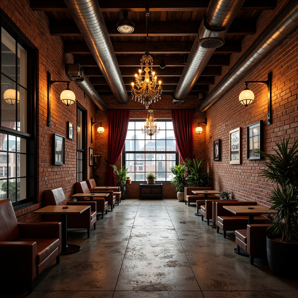 Prompt: Exposed brick walls, industrial metal beams, reclaimed wood accents, vintage theatrical lighting, ornate metal fixtures, distressed leather seats, crimson velvet curtains, grand chandeliers, metallic catwalks, urban cityscape views, gritty concrete floors, functional pipes and ducts, eclectic decorative props, warm golden spotlights, dramatic shadows, high contrast ratio, cinematic atmosphere, 1/2 composition, low-angle shot, realistic textures, ambient occlusion.