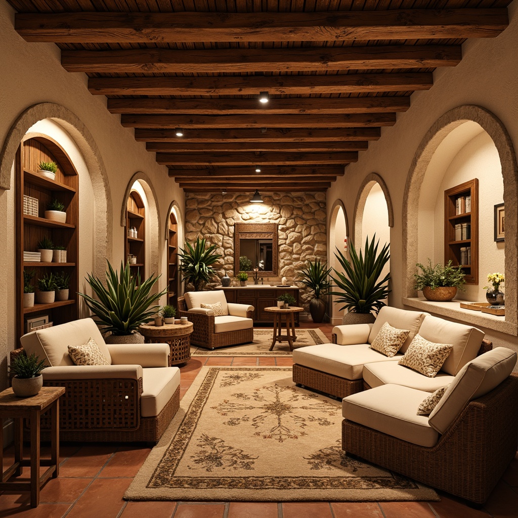 Prompt: Cozy basement, exposed wooden beams, rustic stone walls, warm earthy tones, soft ambient lighting, plush area rugs, comfortable seating nooks, built-in shelving units, natural fiber upholstery, woven baskets, potted greenery, distressed wood accents, Mediterranean-inspired decor, ornate metalwork, warm terracotta flooring, arched windows, curved lines, soft color palette, intimate atmosphere, relaxing ambiance, 1/1 composition, warm golden lighting, shallow depth of field.