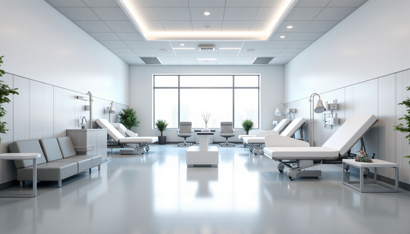 Prompt: Minimalist hospital interior, sleek white walls, polished chrome fixtures, modern medical equipment, comfortable patient beds, soft LED lighting, calming color scheme, ample natural light, floor-to-ceiling windows, open layout waiting areas, minimalist furniture, clean geometric lines, sterile surfaces, antibacterial materials, quiet atmosphere, subtle textures, 1/1 composition, shallow depth of field, realistic reflections.