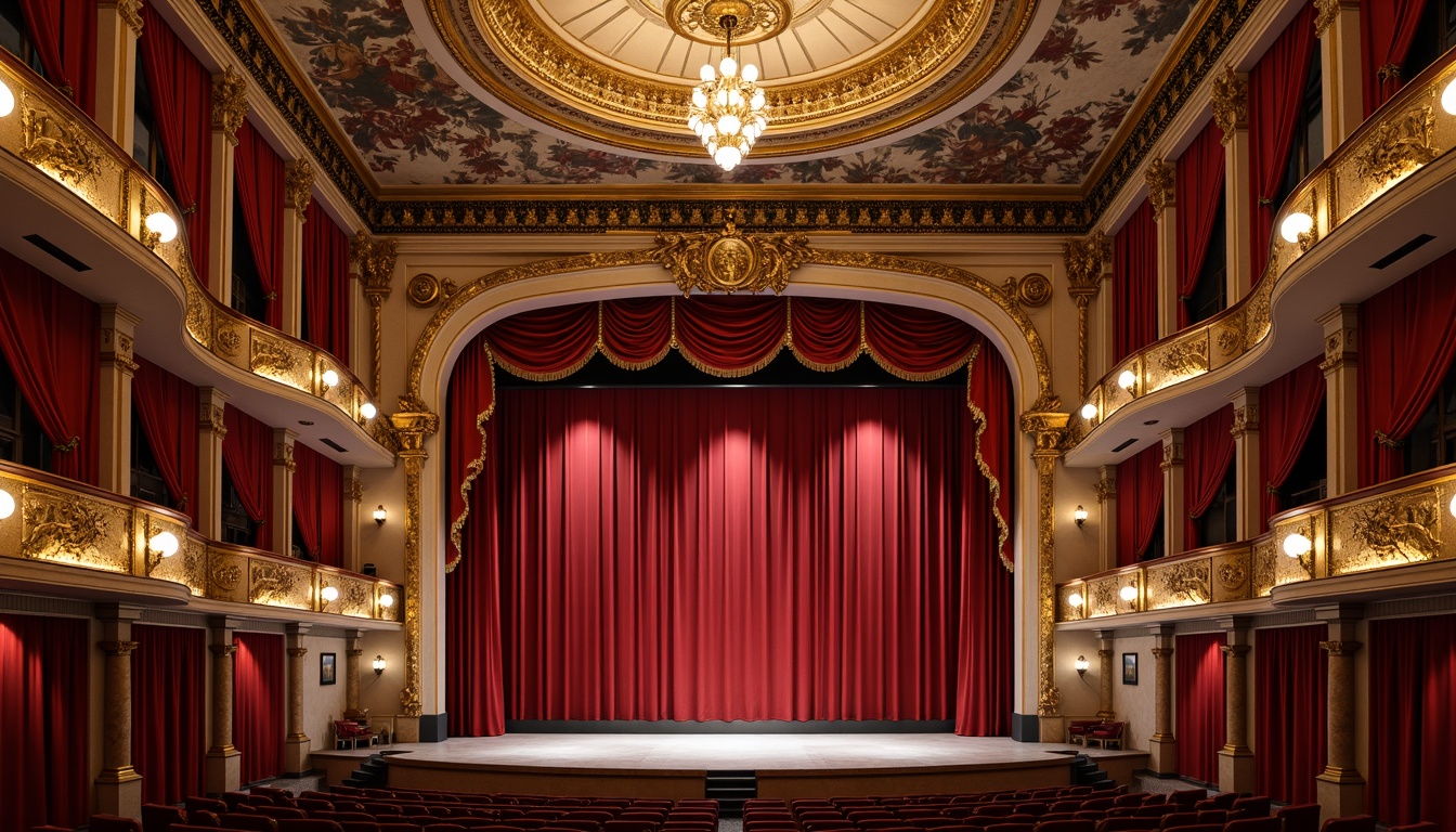 Prompt: Ornate theater interior, rich velvet curtains, gilded moldings, marble columns, intricate fresco ceilings, grand chandeliers, ornamental balconies, luxurious red carpeting, gold leaf accents, neoclassical architecture, dramatic spotlights, warm soft lighting, shallow depth of field, 1/2 composition, symmetrical framing, realistic textures, ambient occlusion.