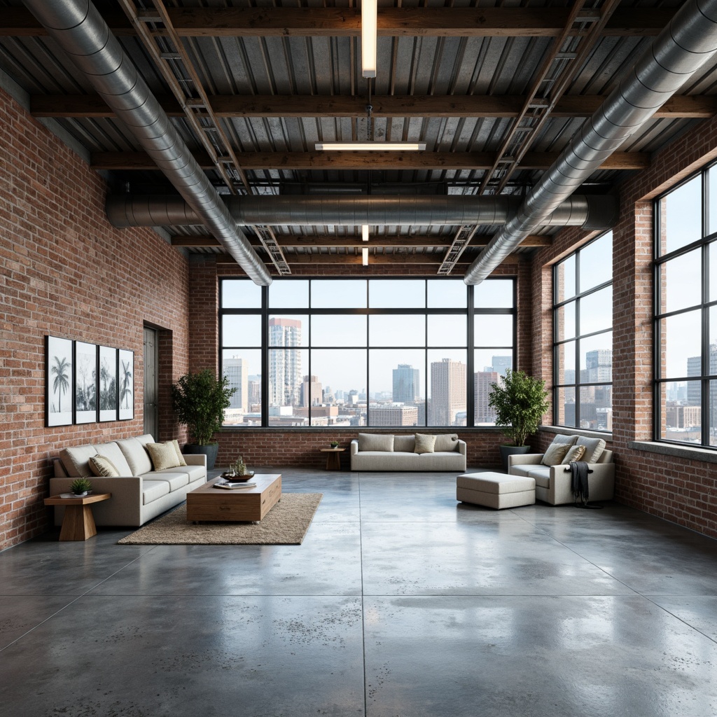 Prompt: Industrial concrete floors, exposed brick walls, metal beams, urban cityscape views, functional lighting fixtures, minimalist decor, neutral color scheme, gray tones, beige accents, blue undertones, industrial chic aesthetic, raw textures, distressed finishes, utilitarian vibe, modern functionality, high ceilings, open floor plans, natural light pouring in, soft shadows, 1/1 composition, realistic renderings.